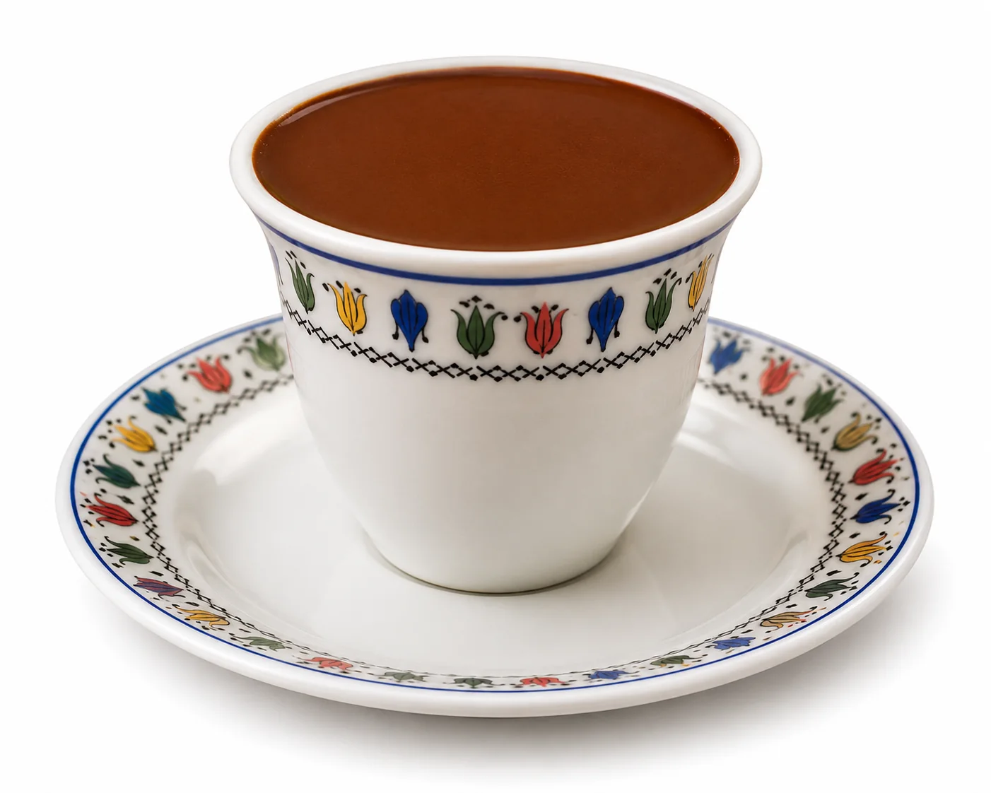 A traditional decorated cup filled with Ethiopian coffee