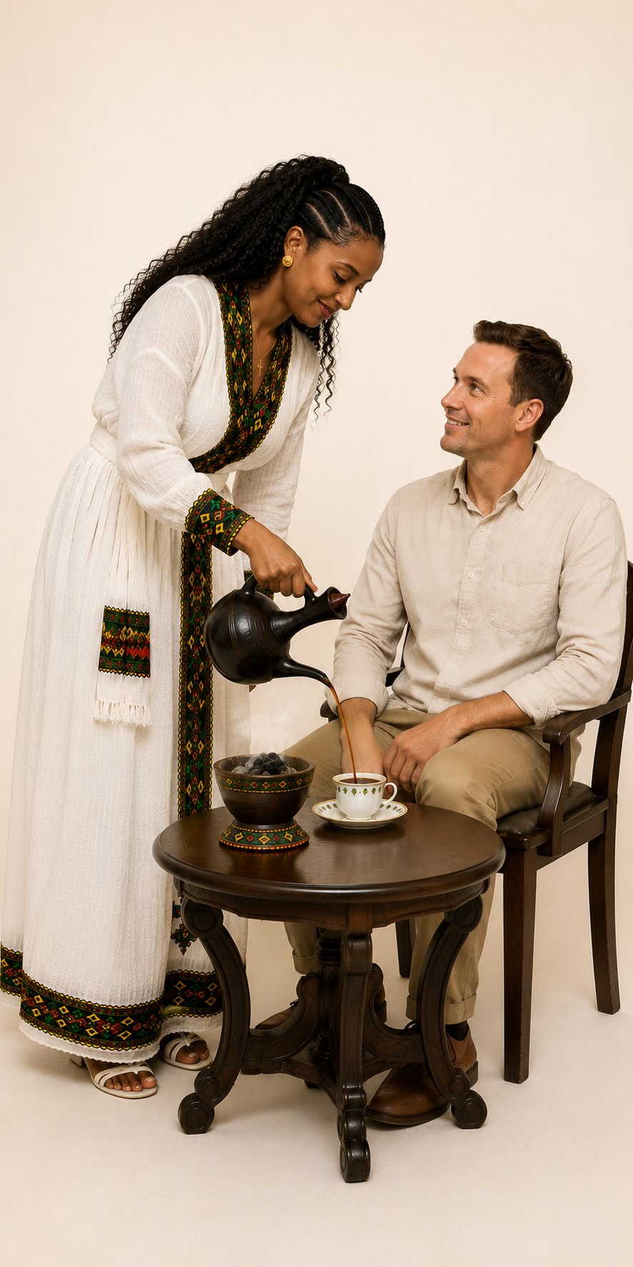 A cultural ambassador pouring Ethiopian coffee from a Jebena for a guest